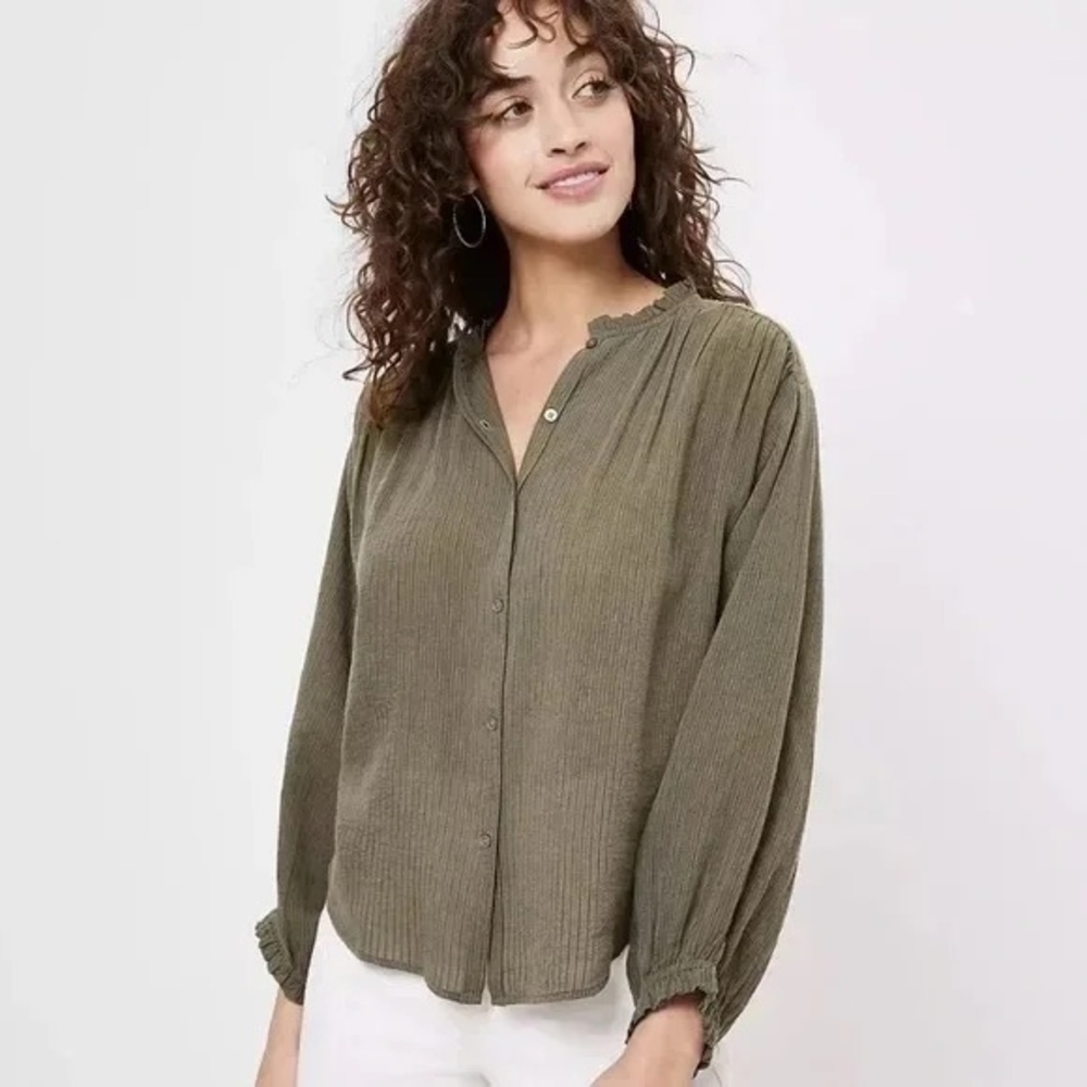 Loft | Olive Green Ruffle Blouse Size Large - Picture 2 of 7